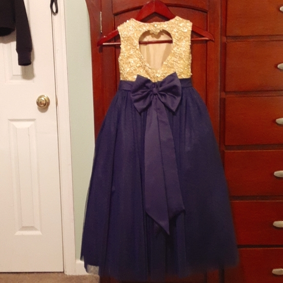 Flower Girl Dress, Handmade Custom Made, Navy Gold Pearl & Sequin Embellishments - Picture 3 of 15